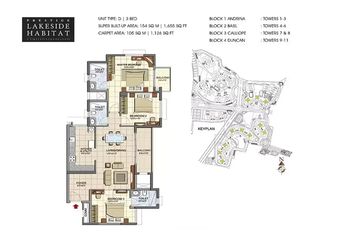 Prestige Lakeside Habitat 3 BHK villa floor plan